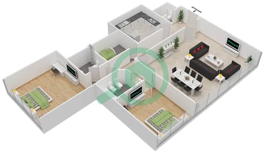 المخططات الطابقية لتصميم النموذج A شقة 2 غرفة نوم - أبراج جيرنین A & B