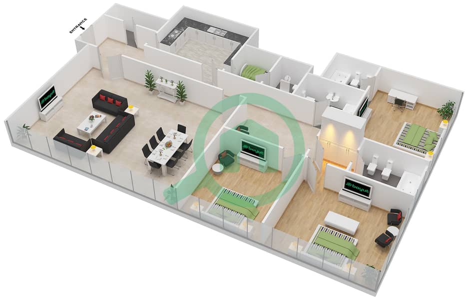 المخططات الطابقية لتصميم النموذج A شقة 3 غرف نوم - أبراج جيرنین A & B interactive3D