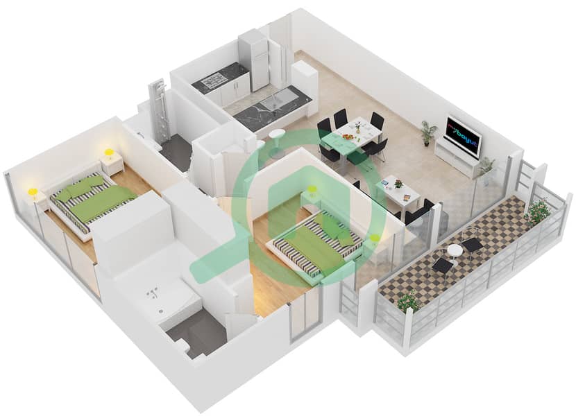 المخططات الطابقية لتصميم التصميم 11 شقة 2 غرفة نوم - الألكا 1 Floor 1-4 interactive3D