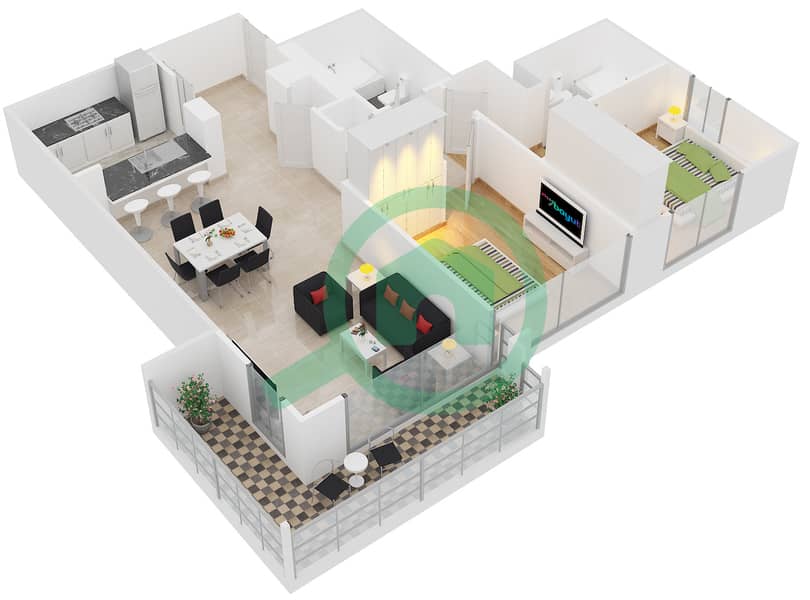 المخططات الطابقية لتصميم التصميم 17 شقة 2 غرفة نوم - الألكا 1 Floor 1-7 interactive3D