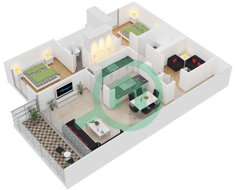 المخططات الطابقية لتصميم التصميم 19 شقة 2 غرفة نوم - الألكا 1 Floor 1-7 interactive3D