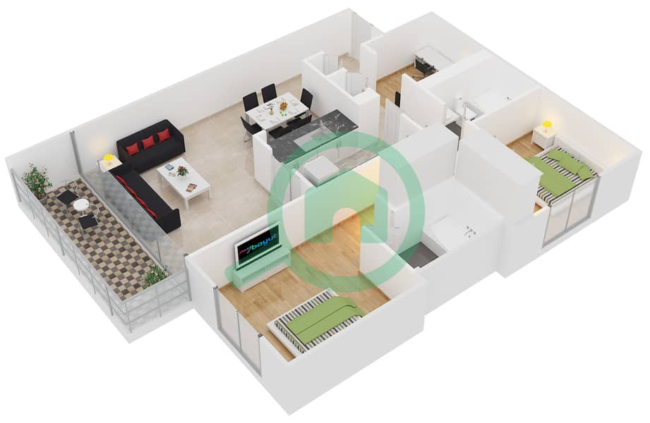 المخططات الطابقية لتصميم التصميم 18 شقة 2 غرفة نوم - الألكا 1 Floor 1-7 interactive3D