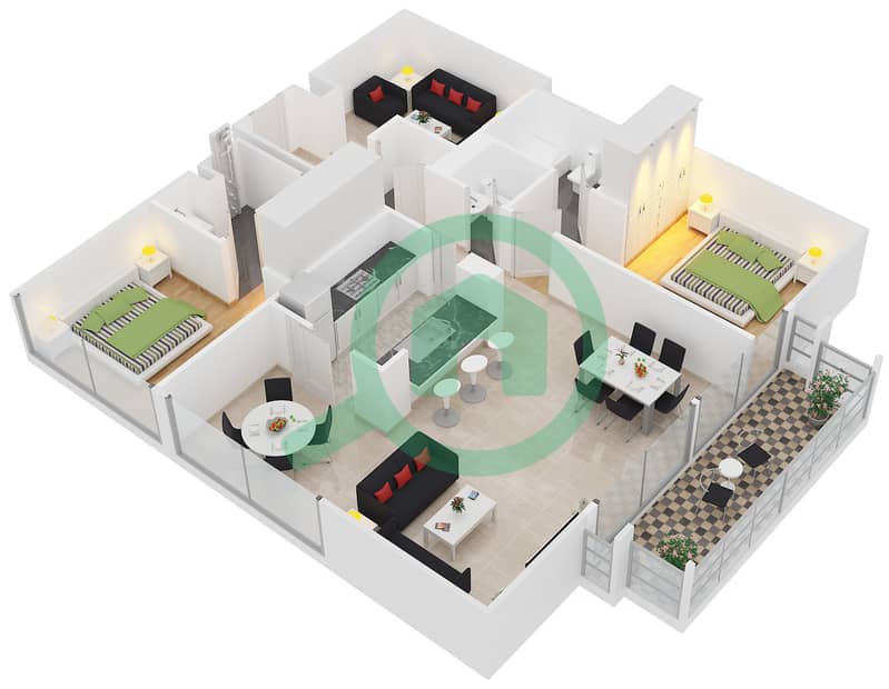 Аль-Алка 1 - Апартамент 2 Cпальни планировка Гарнитур, анфилиада комнат, апартаменты, подходящий 5 Floor 1-4 interactive3D