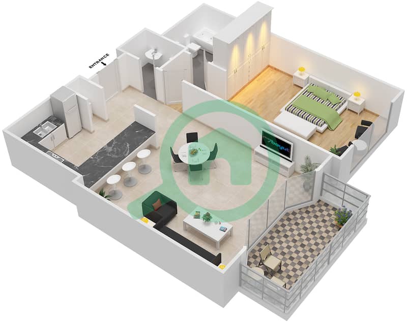 المخططات الطابقية لتصميم النموذج A شقة 1 غرفة نوم - شقق الساحة interactive3D