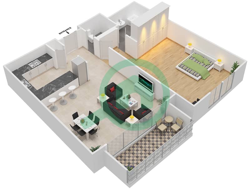 المخططات الطابقية لتصميم النموذج B شقة 1 غرفة نوم - شقق الساحة interactive3D