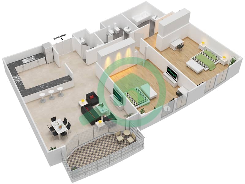庭院公寓 - 2 卧室公寓类型C戶型图 interactive3D