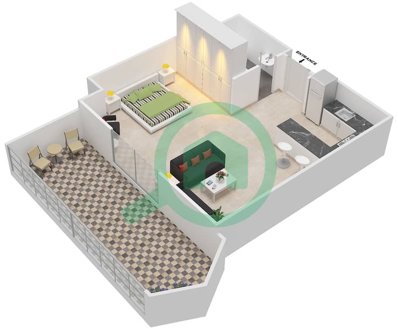 المخططات الطابقية لتصميم النموذج A1 شقة استوديو - شقق الساحة interactive3D