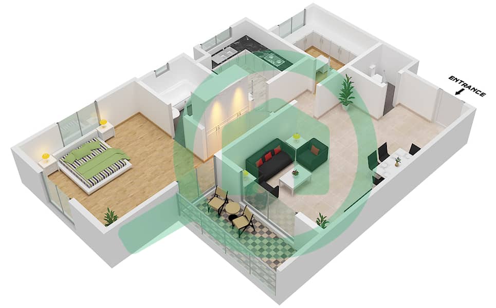 Бавабат Аль Шарк - Апартамент 1 Спальня планировка Тип 1B interactive3D