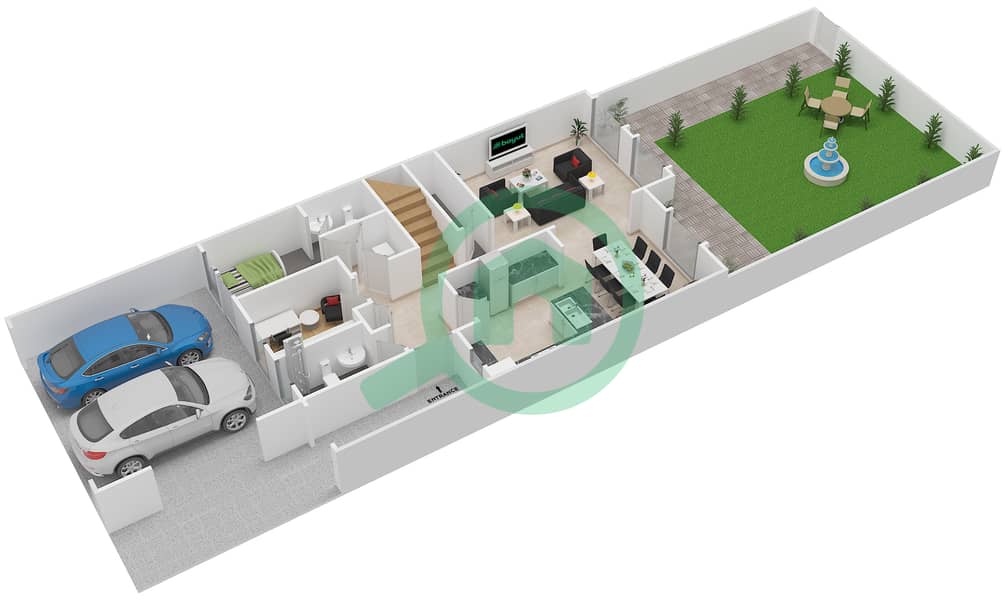 المخططات الطابقية لتصميم النموذج / الوحدة 2 / MIDDLE فیلا 3 غرف نوم - غدير 1 Ground Floor interactive3D
