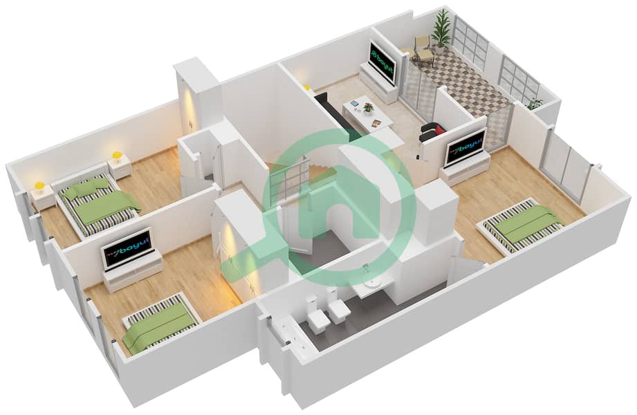 المخططات الطابقية لتصميم النموذج / الوحدة 2 / MIDDLE فیلا 3 غرف نوم - غدير 1 First Floor interactive3D