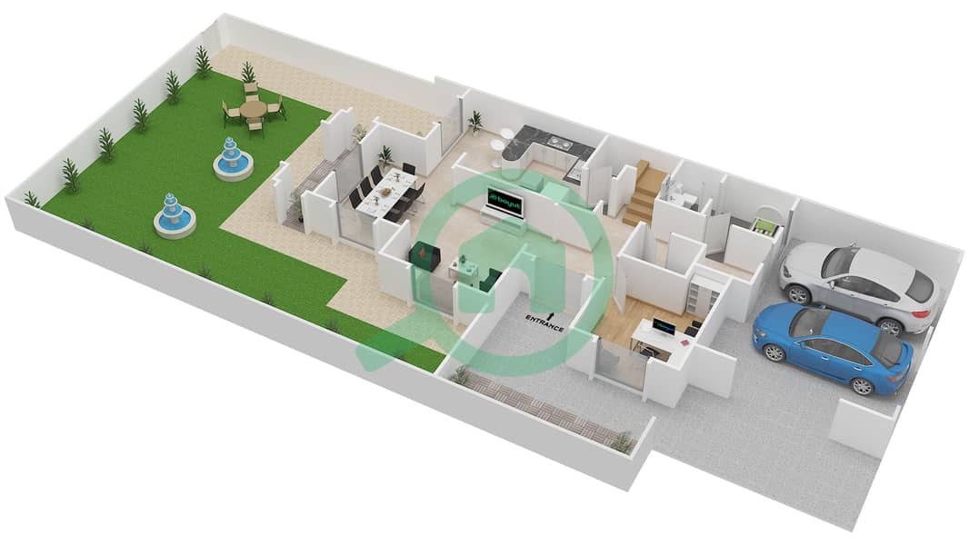 المخططات الطابقية لتصميم النموذج / الوحدة 2 / END فیلا 3 غرف نوم - غدير 1 Ground Floor interactive3D