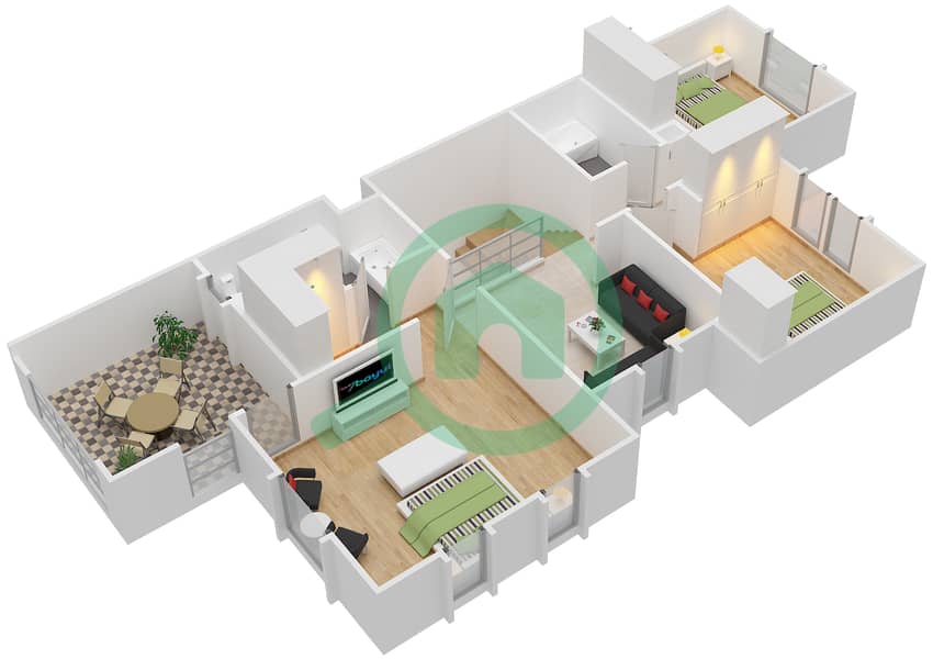 المخططات الطابقية لتصميم النموذج / الوحدة 1 / END فیلا 3 غرف نوم - غدير 1 First Floor interactive3D