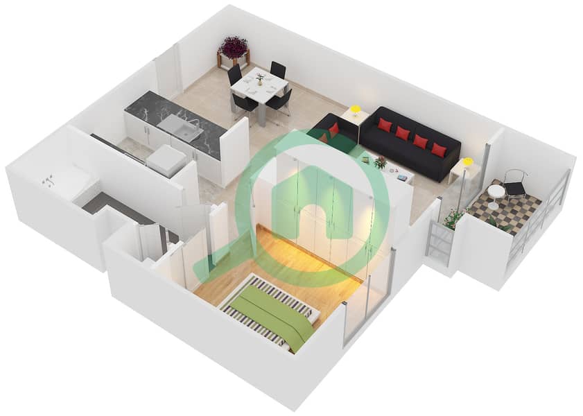 Al Alka 2 - 1 Bedroom Apartment Suite 1-4 Floor plan Floor 1-4 interactive3D