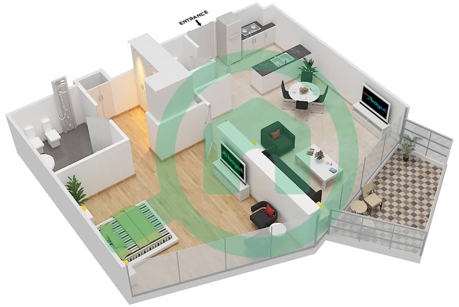 المخططات الطابقية لتصميم النموذج A شقة 1 غرفة نوم - بلوم سنترال interactive3D
