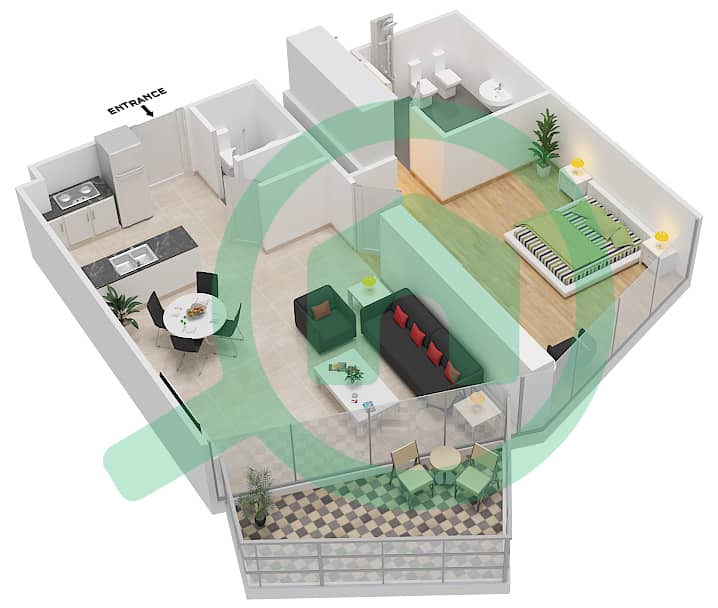 المخططات الطابقية لتصميم النموذج A1 شقة 1 غرفة نوم - بلوم سنترال interactive3D