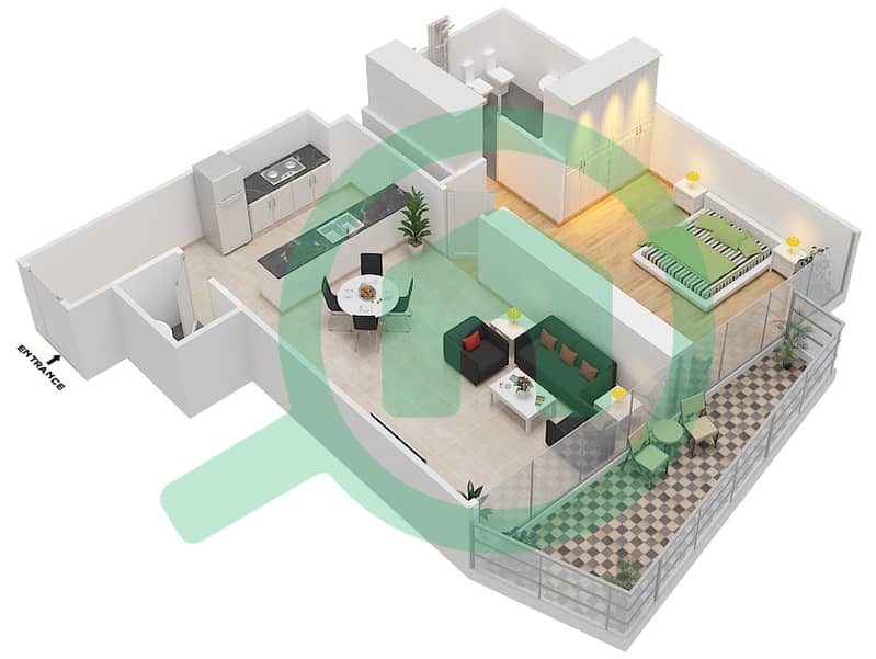 المخططات الطابقية لتصميم النموذج B شقة 1 غرفة نوم - بلوم سنترال interactive3D