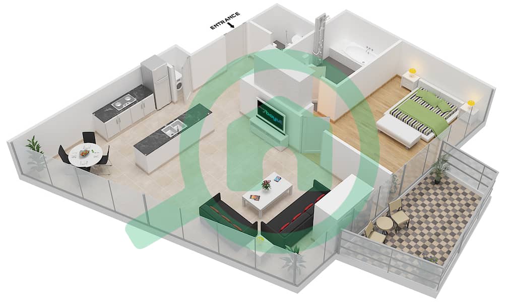 المخططات الطابقية لتصميم النموذج C شقة 1 غرفة نوم - بلوم سنترال interactive3D