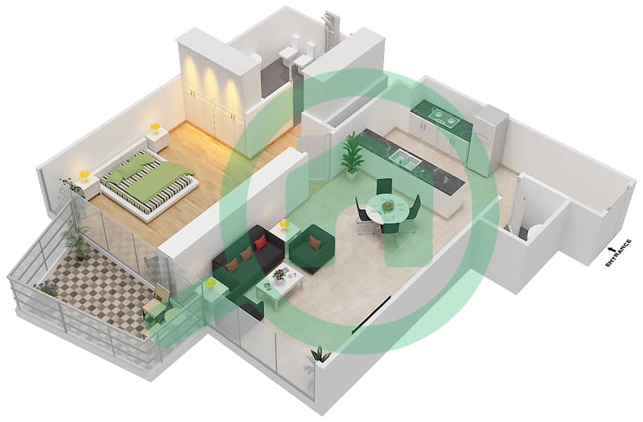 المخططات الطابقية لتصميم النموذج D شقة 1 غرفة نوم - بلوم سنترال interactive3D