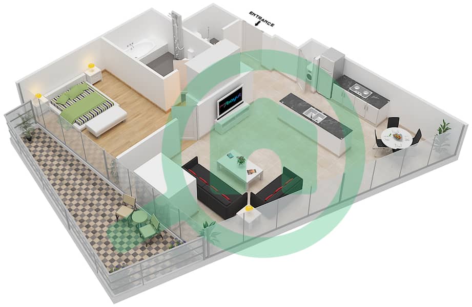 المخططات الطابقية لتصميم النموذج E شقة 1 غرفة نوم - بلوم سنترال interactive3D