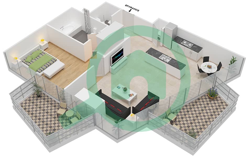 المخططات الطابقية لتصميم النموذج F شقة 1 غرفة نوم - بلوم سنترال interactive3D