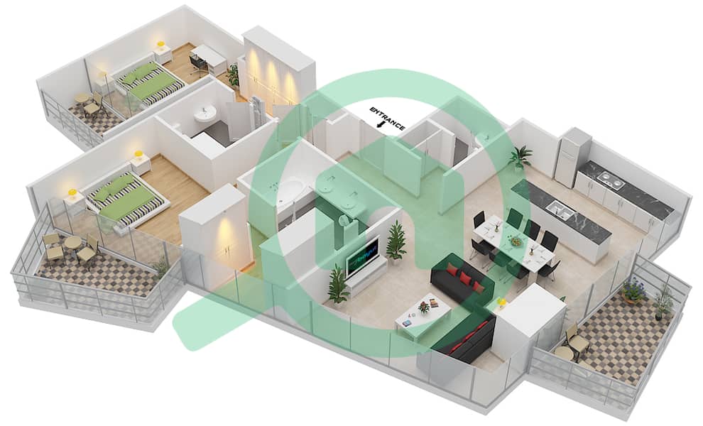 المخططات الطابقية لتصميم النموذج A شقة 2 غرفة نوم - بلوم سنترال interactive3D