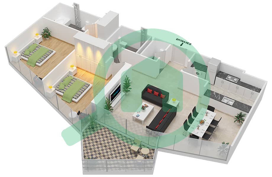 المخططات الطابقية لتصميم النموذج B شقة 2 غرفة نوم - بلوم سنترال interactive3D