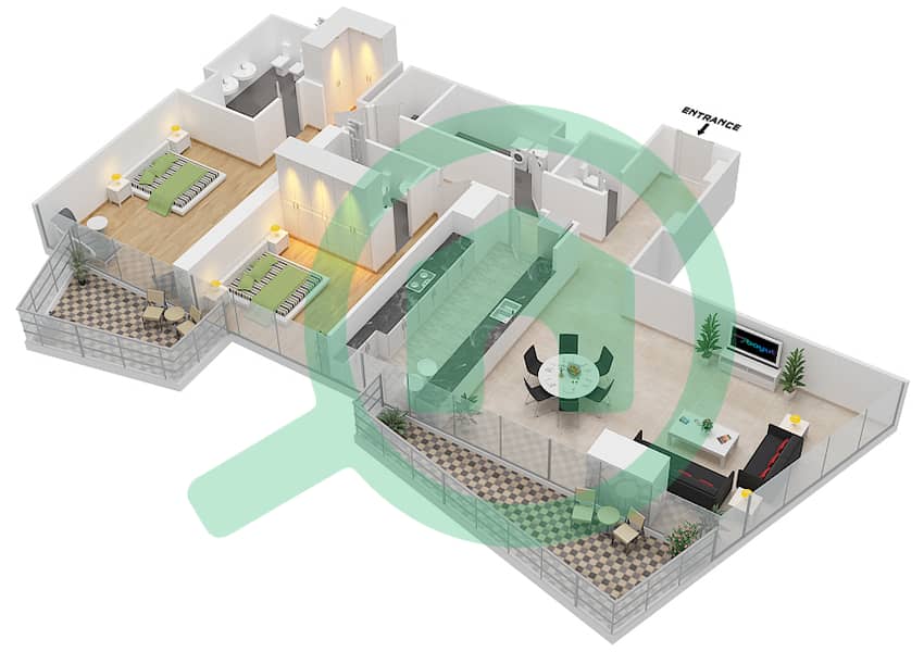 المخططات الطابقية لتصميم النموذج C شقة 2 غرفة نوم - بلوم سنترال interactive3D