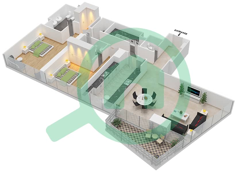 المخططات الطابقية لتصميم النموذج D شقة 2 غرفة نوم - بلوم سنترال interactive3D