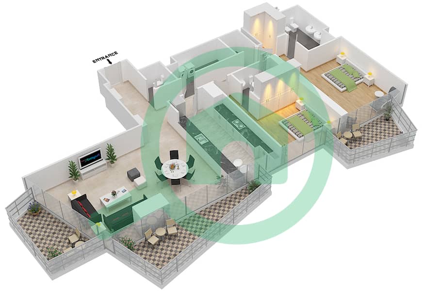 المخططات الطابقية لتصميم النموذج E شقة 2 غرفة نوم - بلوم سنترال interactive3D
