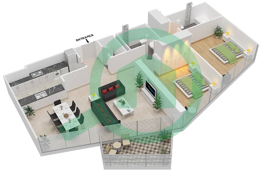 المخططات الطابقية لتصميم النموذج F شقة 2 غرفة نوم - بلوم سنترال interactive3D