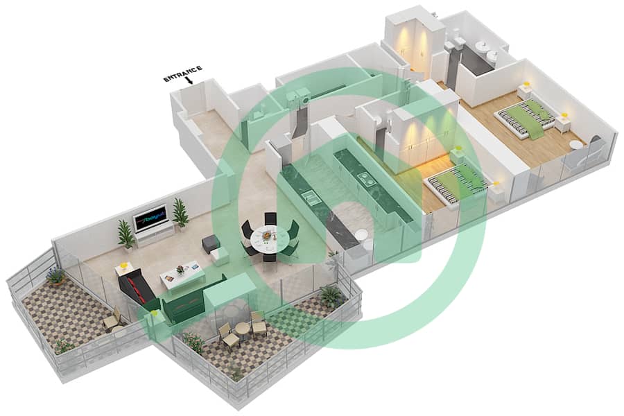 المخططات الطابقية لتصميم النموذج G شقة 2 غرفة نوم - بلوم سنترال interactive3D