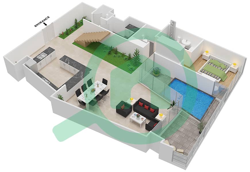 المخططات الطابقية لتصميم النموذج A تاون هاوس 3 غرف نوم - بلوم سنترال interactive3D