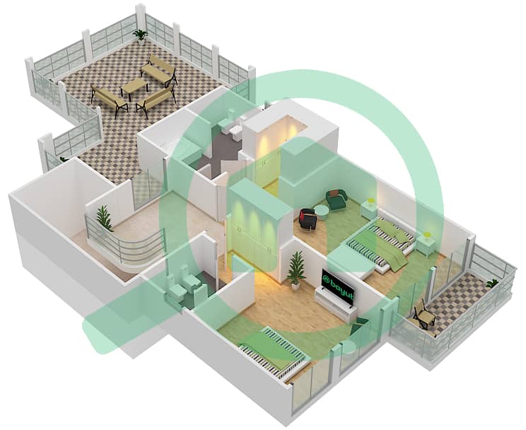 المخططات الطابقية لتصميم النموذج 1 تاون هاوس 2 غرفة نوم - الضاحية 4G First Floor interactive3D