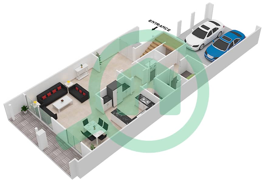المخططات الطابقية لتصميم النموذج 2 تاون هاوس 2 غرفة نوم - الضاحية 4G Ground Floor interactive3D