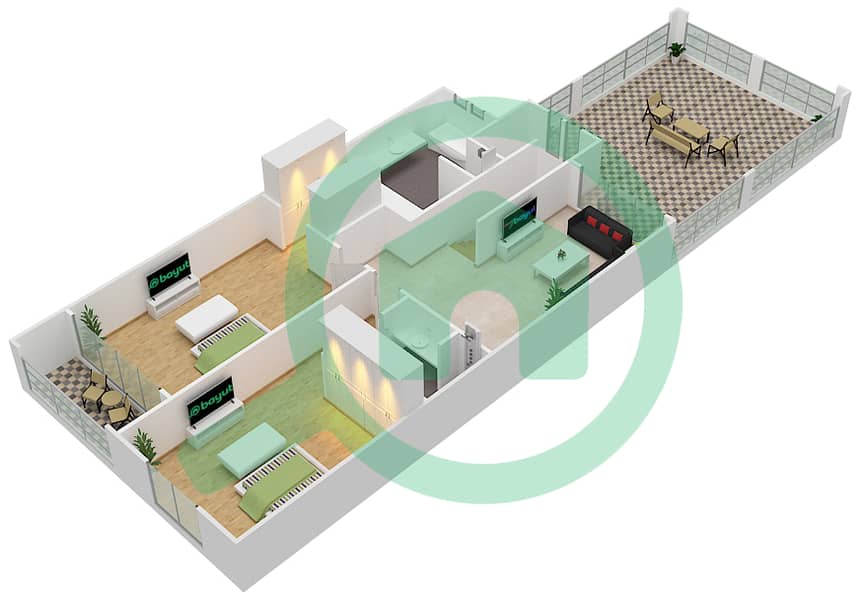 المخططات الطابقية لتصميم النموذج 2 تاون هاوس 2 غرفة نوم - الضاحية 4G First Floor interactive3D