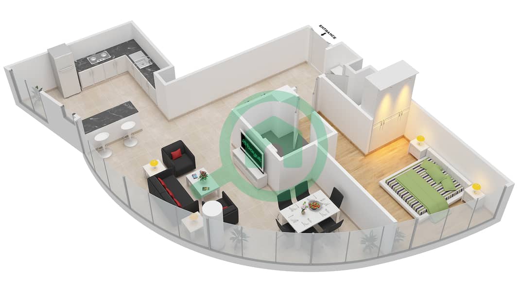 المخططات الطابقية لتصميم النموذج D شقة 1 غرفة نوم - الملتقى افينيو interactive3D