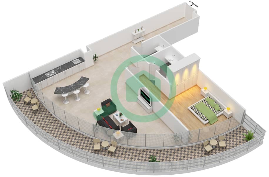 المخططات الطابقية لتصميم النموذج E شقة 1 غرفة نوم - الملتقى افينيو interactive3D