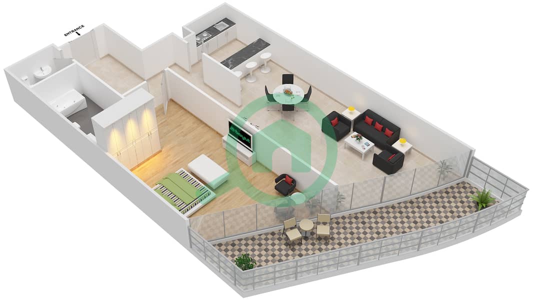 المخططات الطابقية لتصميم النموذج F شقة 1 غرفة نوم - الملتقى افينيو interactive3D