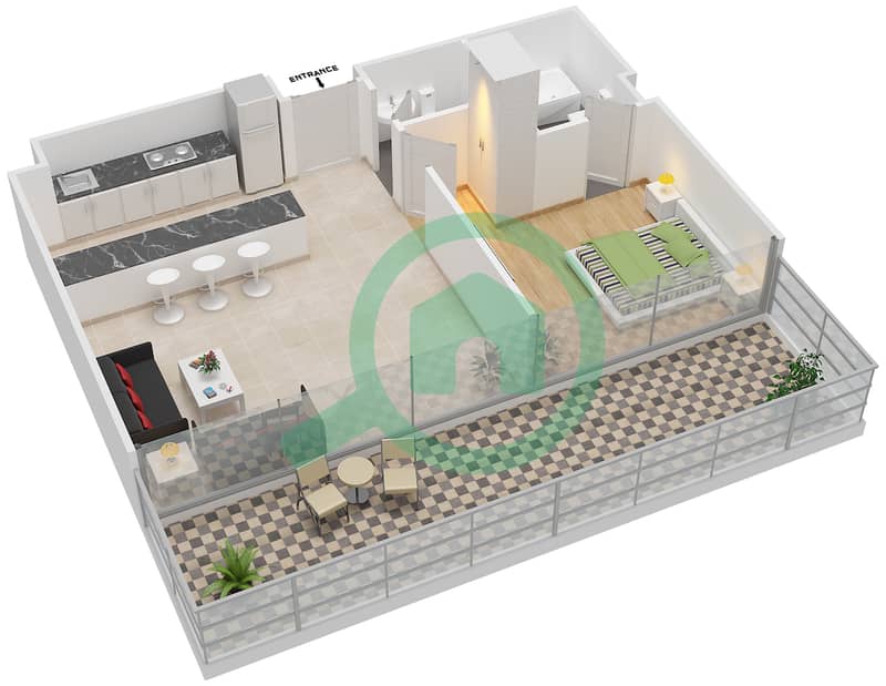 المخططات الطابقية لتصميم النموذج H شقة 1 غرفة نوم - الملتقى افينيو interactive3D