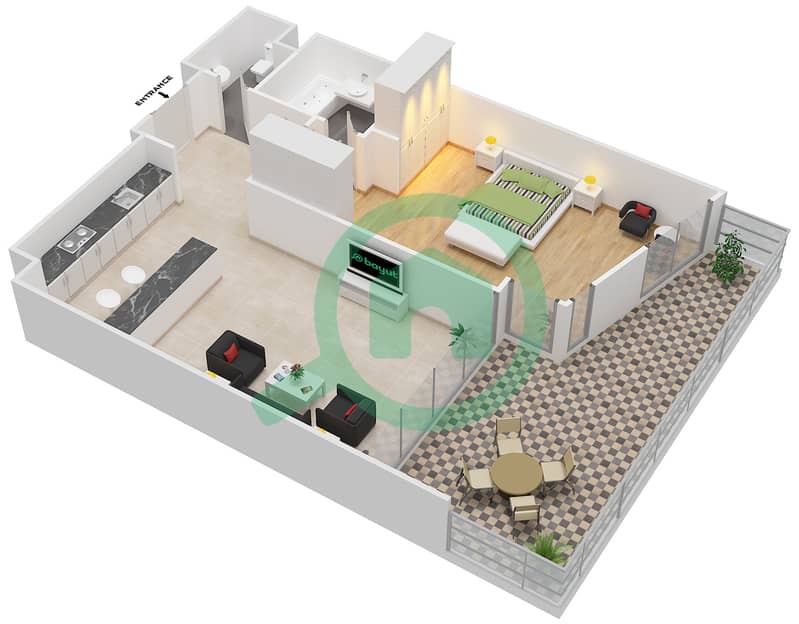 المخططات الطابقية لتصميم النموذج C شقة 1 غرفة نوم - الملتقى افينيو interactive3D