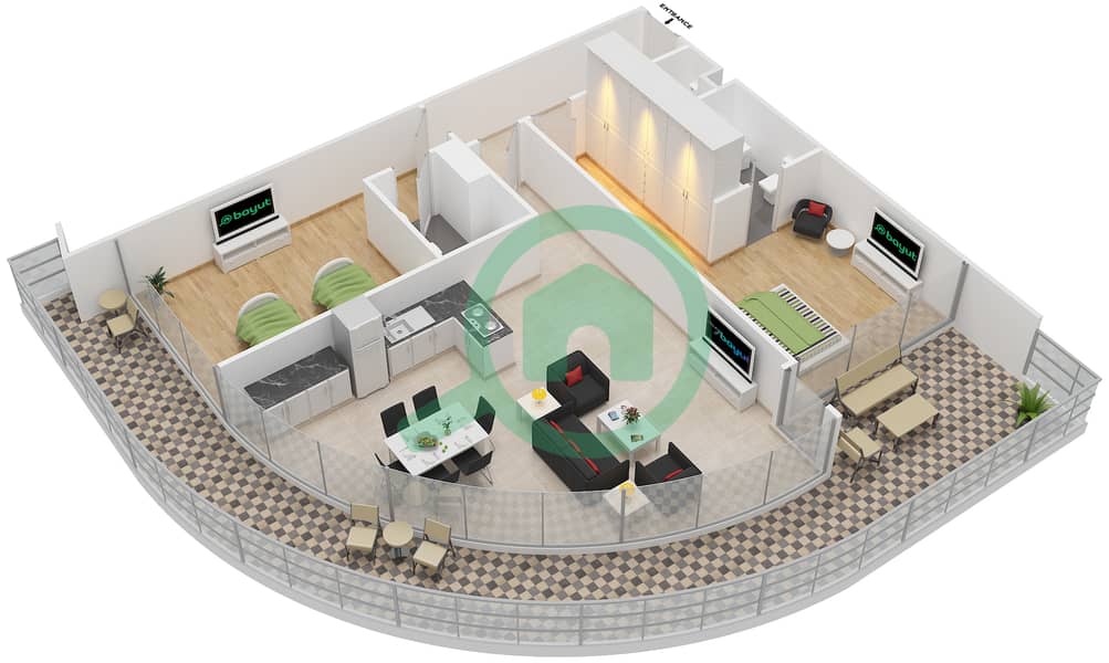 المخططات الطابقية لتصميم النموذج J شقة 2 غرفة نوم - الملتقى افينيو interactive3D