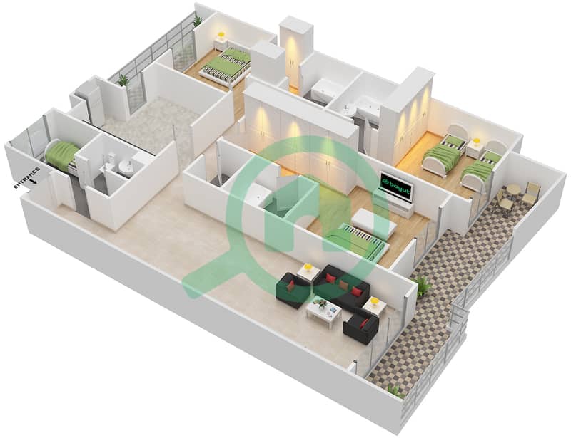 Al Multaqa Avenue - 3 Bedroom Apartment Type K Floor plan interactive3D
