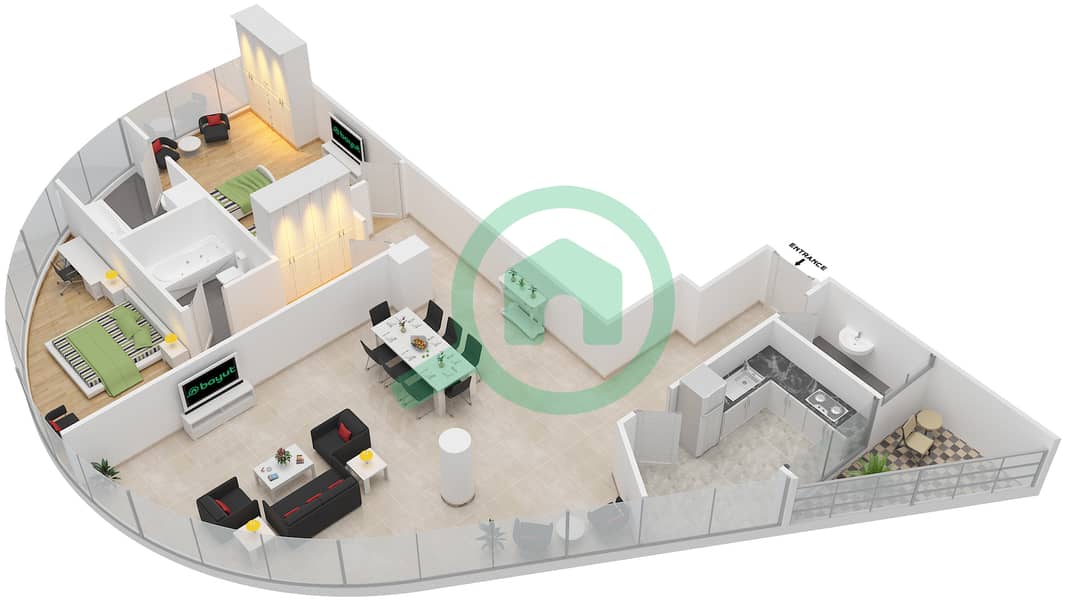 Al Multaqa Avenue - 2 Bedroom Apartment Type I Floor plan interactive3D