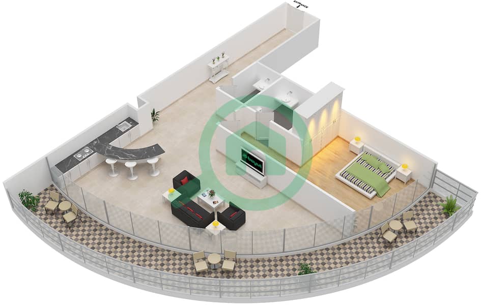 المخططات الطابقية لتصميم النموذج A شقة 1 غرفة نوم - الملتقى افينيو interactive3D