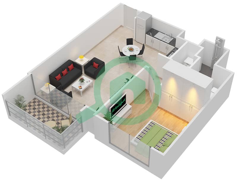 المخططات الطابقية لتصميم الوحدة 1-2,6-9,11,14 شقة 1 غرفة نوم - بارك هايتس 1 Floor 1-18 interactive3D