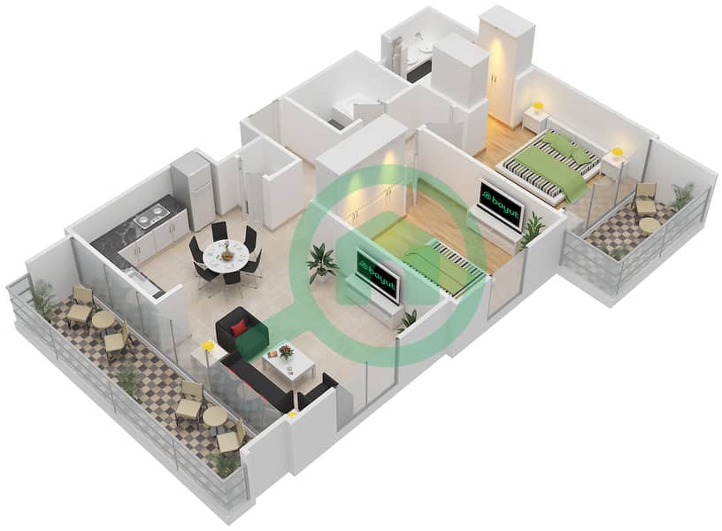 المخططات الطابقية لتصميم الوحدة 4,12 شقة 2 غرفة نوم - بارك هايتس 1 Floor 1-18 interactive3D