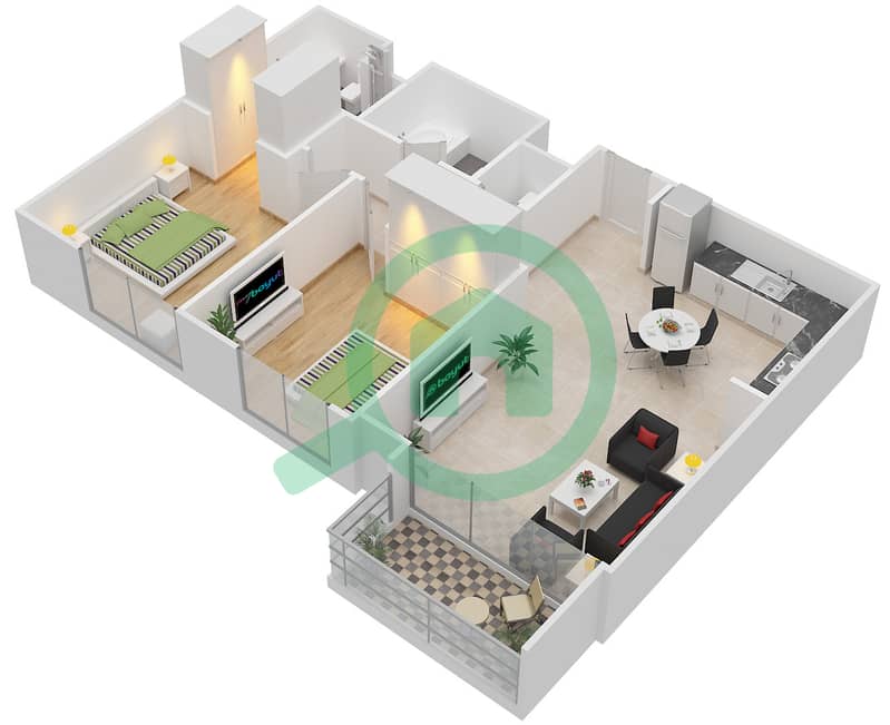 المخططات الطابقية لتصميم الوحدة 3,10,15 شقة 2 غرفة نوم - بارك هايتس 2 Floor 1-18 interactive3D