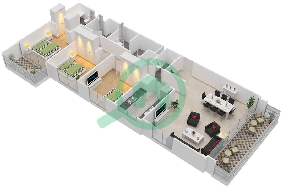 公园公寓2号大楼 - 3 卧室公寓单位5,13戶型图 Floor 1-18 interactive3D