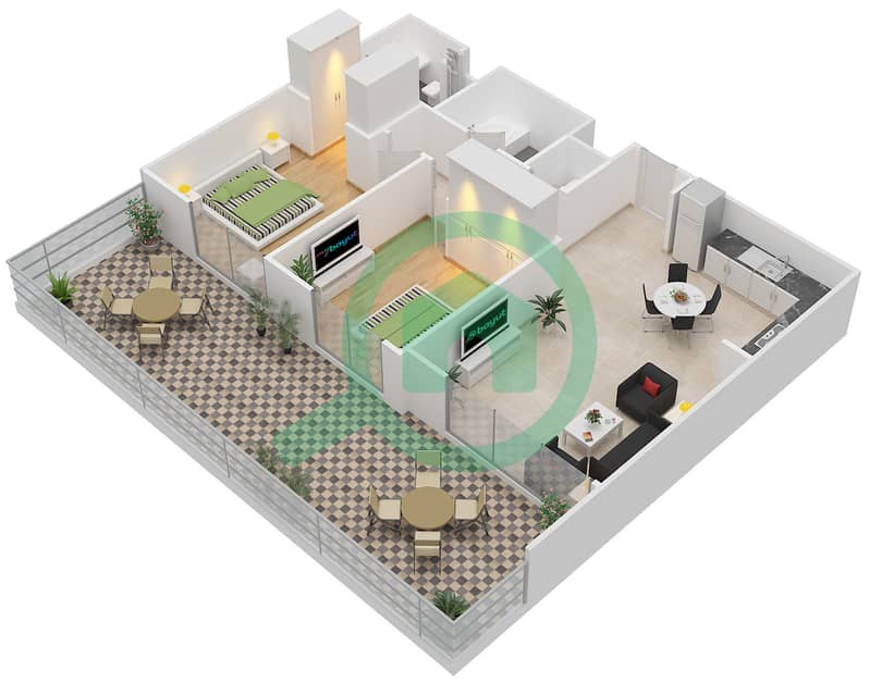 المخططات الطابقية لتصميم الوحدة 3 شقة 2 غرفة نوم - بارك هايتس 2 Ground Floor interactive3D