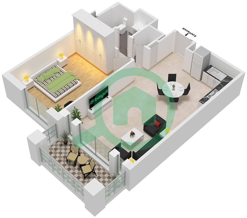 المخططات الطابقية لتصميم النموذج / الوحدة A3/7 شقة 1 غرفة نوم - رحال interactive3D